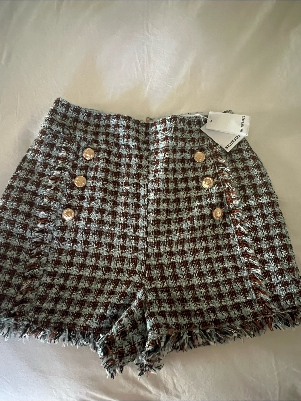 Walter Baker Mint and Black Tweed High-Waist Frayed Shorts